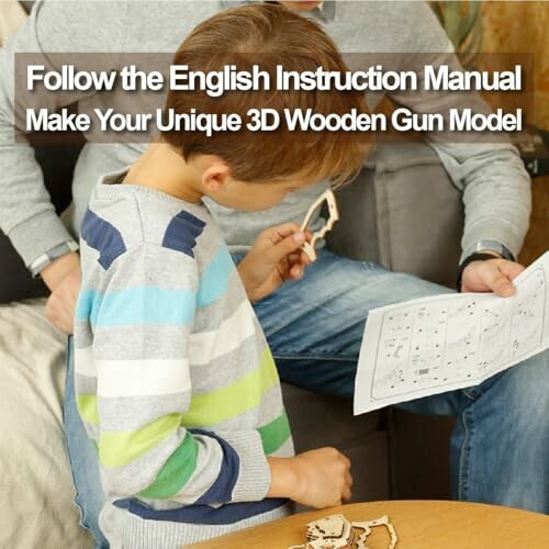 Child assembling a 3D wooden gun model with instructions.