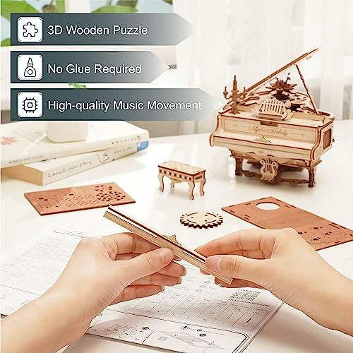 Hands assembling 3D wooden puzzle of a grand piano with music movement.