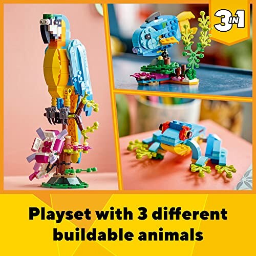 Lego playset with parrot, fish, and frog models.