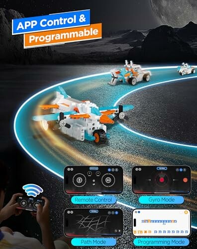 App-controlled programmable toy vehicles on a racetrack with various control modes displayed.