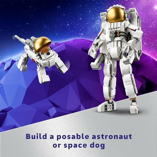 LEGO astronaut and space dog on a purple geometric background