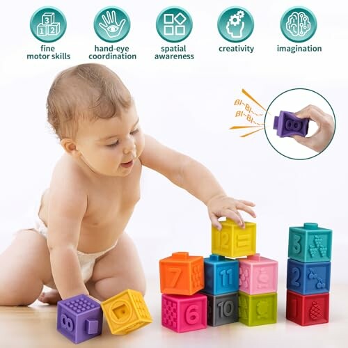 Baby playing with colorful educational blocks promoting skills like motor skills and creativity.