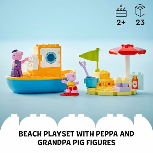 Toy beach playset with Peppa and Grandpa Pig figures.