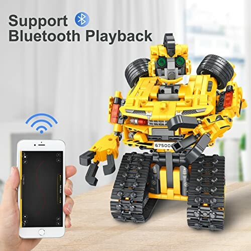 Yellow robot toy with Bluetooth support and smartphone control.