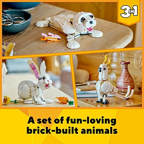 Different built animal toys from the LEGO Creator set on display