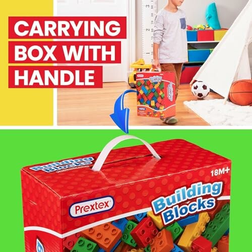 Child carrying a box of Prextex building blocks with a handle.