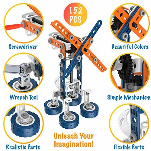 Building toy set with mechanical parts and tools.