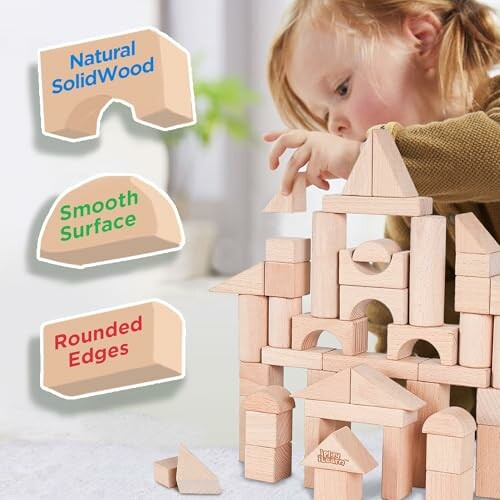 A child playing with natural wooden building blocks, creating structures and having fun!