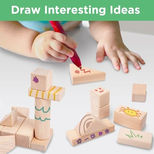 A child drawing on wooden blocks with a red pen, creating unique masterpieces and having fun!