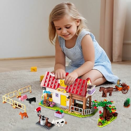 Child playing with a toy farm set on the floor.