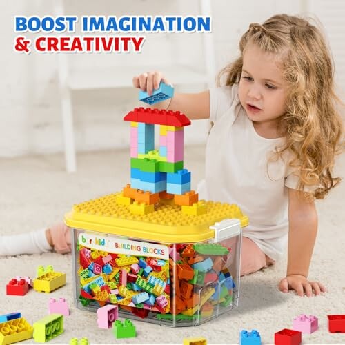 Child playing with colorful building blocks and a storage box.