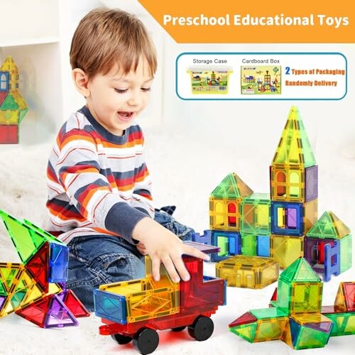 Child playing with colorful building blocks and toy truck