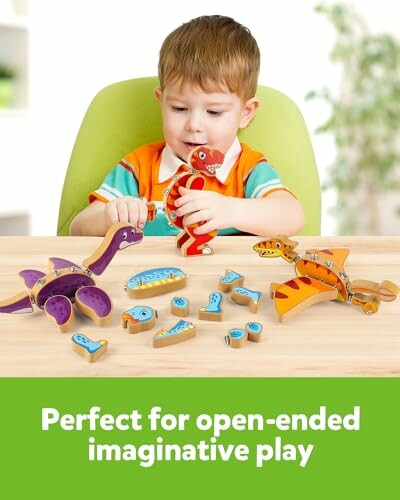 Child playing with colorful dinosaur toys at a table.