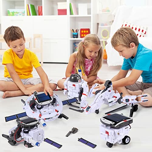 Children playing with solar-powered robot toys indoors.