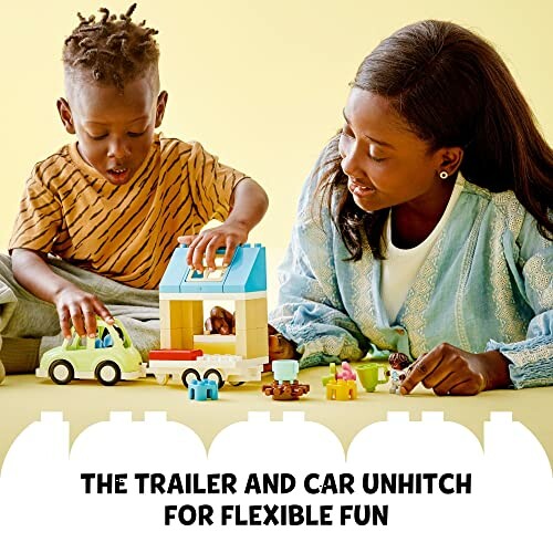 Children playing with a toy house and car set on a yellow background.