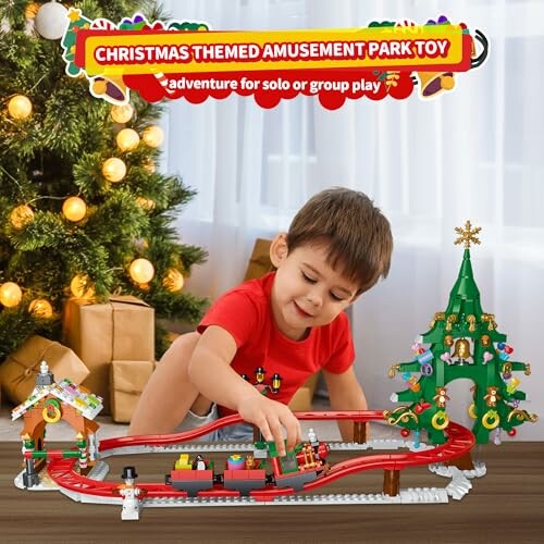 Child playing with Christmas themed amusement park toy set.