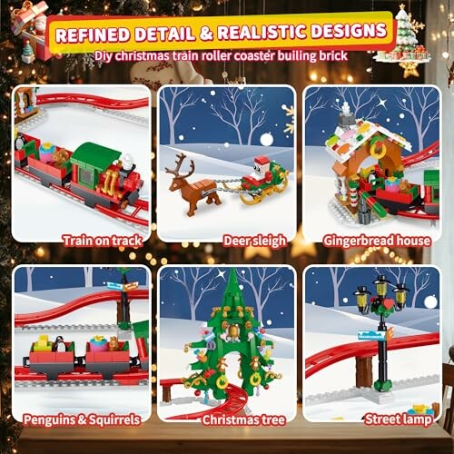 Christmas-themed building bricks with train, sleigh, gingerbread house, penguins, tree, and street lamp.