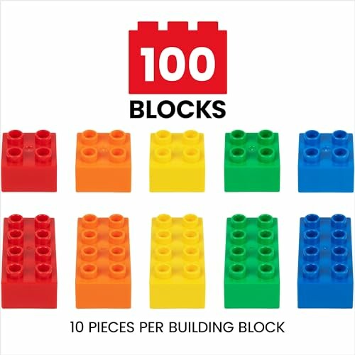 Colorful plastic building blocks in rows.