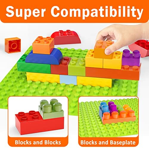 Colorful building blocks with a hand assembling them on a green baseplate