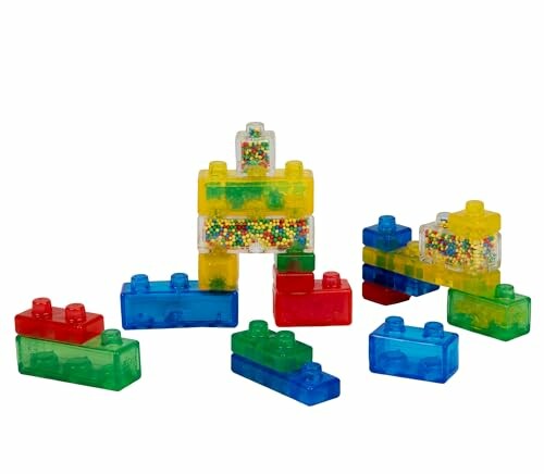 Colorful transparent building blocks with beads inside.