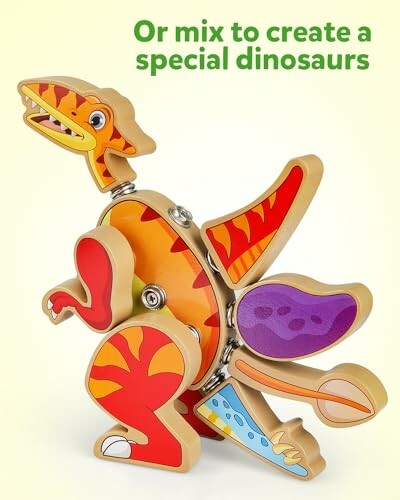 Colorful wooden dinosaur toy with interchangeable parts.