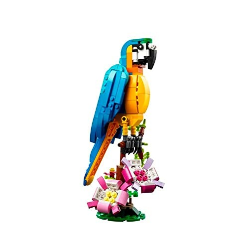 Colorful LEGO parrot perched on flowers