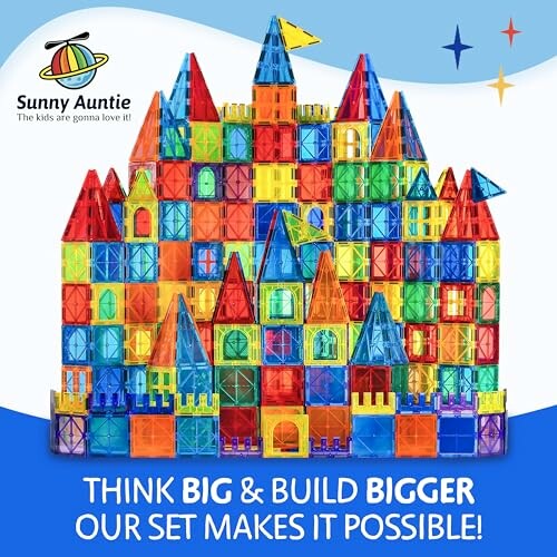 Colorful magnetic building tiles assembled in a castle shape.