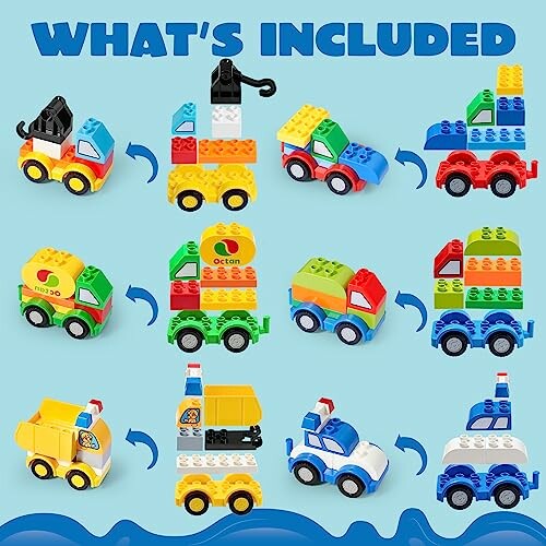 Colorful toy block cars with various configurations and components.