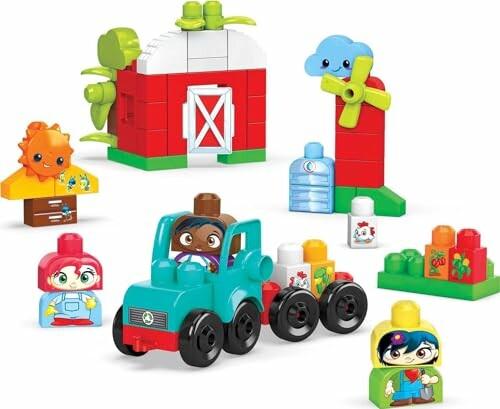 Colorful toy blocks farm scene with characters, tractor, and barn.