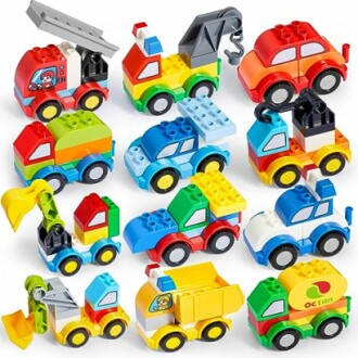 Colorful toy building block cars in various designs.