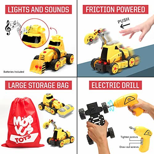 Construction toy set with lights, sounds, friction powered features, storage bag, and electric drill.