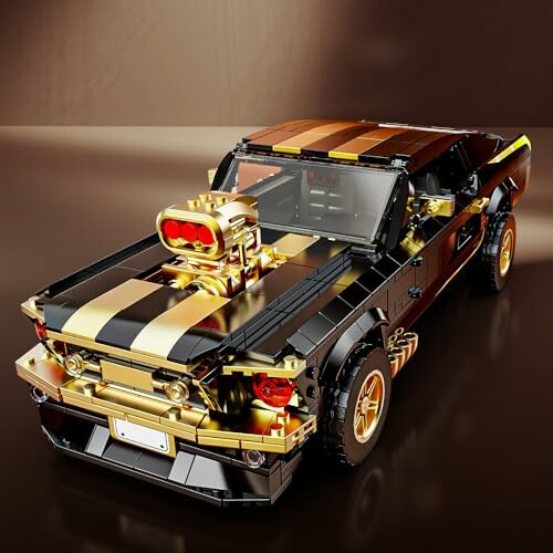 Custom black and gold Lego hot rod car model on display.