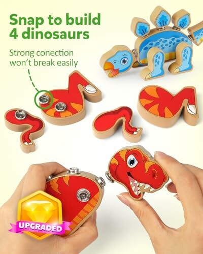 Hands assembling wooden dinosaur toys with magnetic connections.