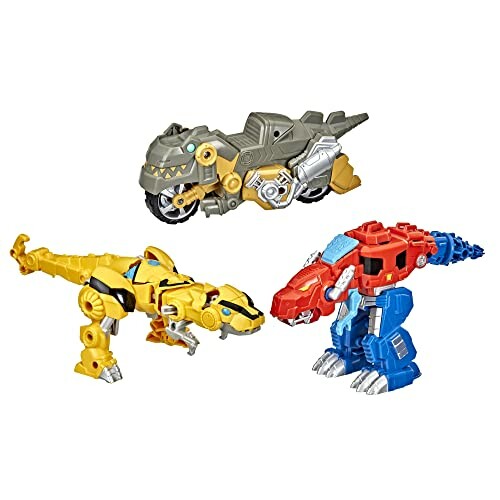 Three dinosaur-themed toy robots in different colors