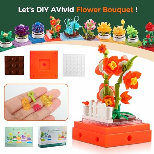 DIY flower bouquet building kit with colorful flower pieces and base components.