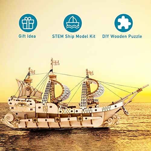 DIY wooden ship puzzle model on water with gift and STEM icons.