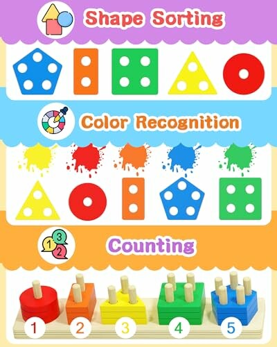 Educational toy activities for shape sorting, color recognition, and counting.