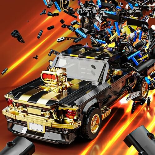 LEGO car exploding with pieces flying outward