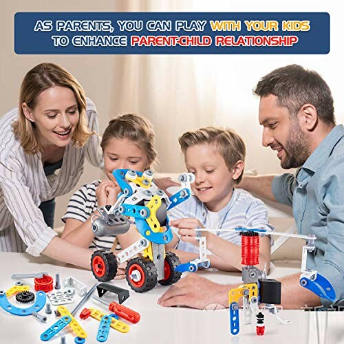 Family playing with a colorful building toy set, Erector Set for Boys 6-12