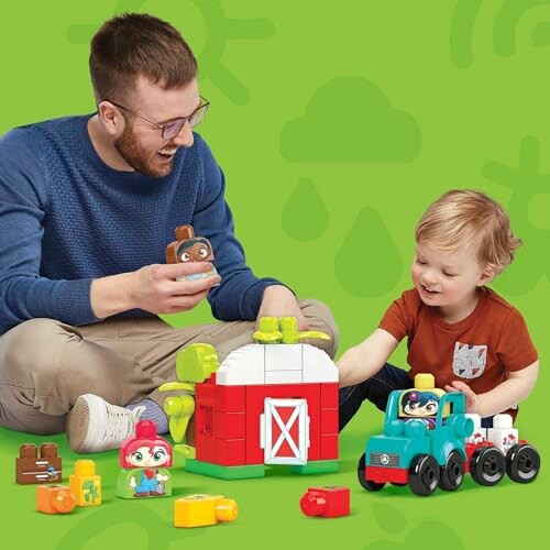 Father and son playing with colorful toy blocks and vehicles.