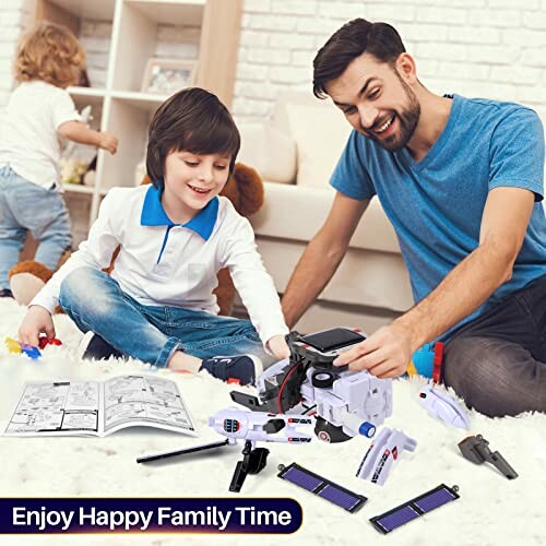 Father and son assembling a robot toy together on the floor, enjoying family time.