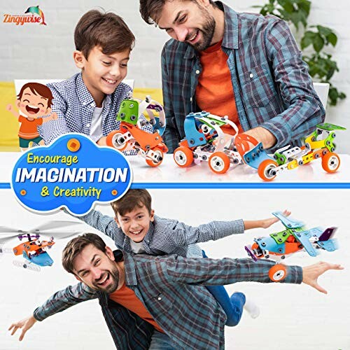 Father and son playing with colorful building toy set, encouraging imagination and creativity.