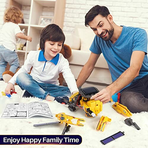 Father and son assembling a yellow robot toy together on a rug.