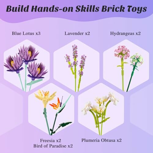 Flower building toy set with Blue Lotus, Lavender, Hydrangeas, Freesia, Bird of Paradise, and Plumeria Obtusa.