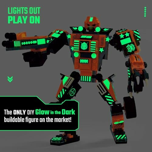 Glow-in-the-dark buildable robot figure with neon accents.