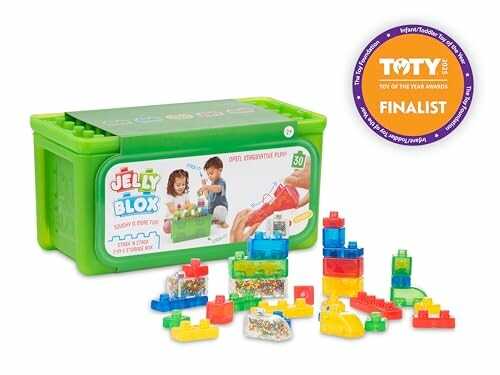 Jelly Blox building set with colorful interlocking pieces and storage box.