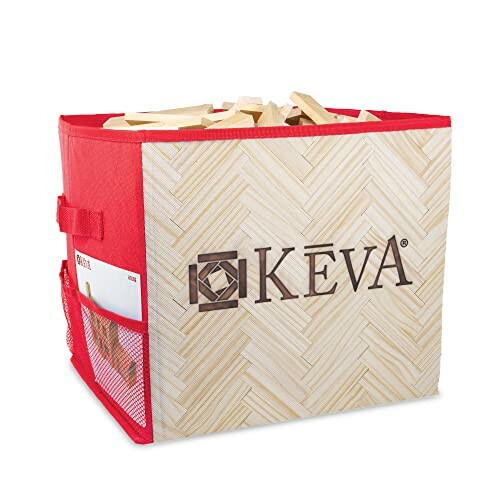 KEVA storage bin with wooden blocks.