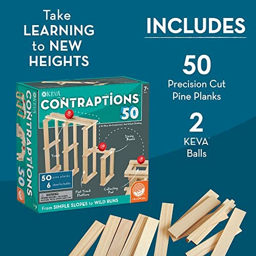 KEVA Contraptions 50 set with precision cut pine planks and KEVA balls.