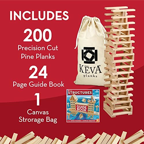 KEVA planks building set with 200 pine planks, guide book, and storage bag.