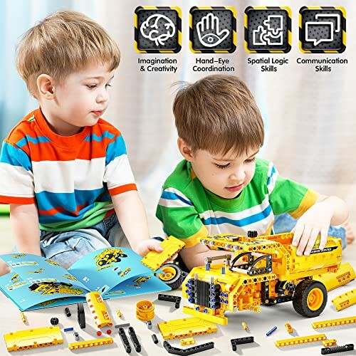 Two children assembling a yellow toy truck with building blocks.